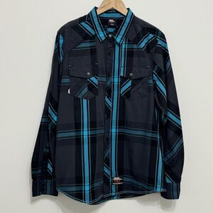 Men's Black and Teal Plaid Long-Sleeve Button-Down Shirt